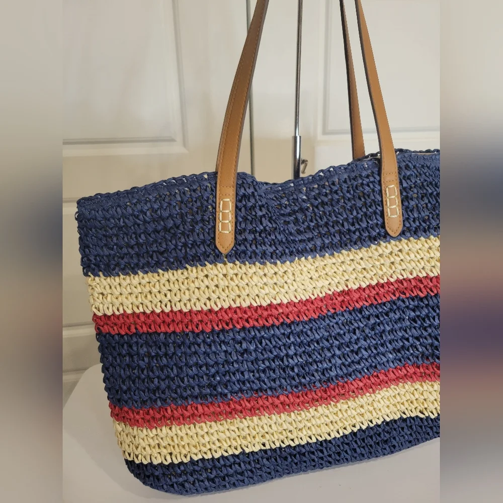 I.N.C. LARGE STRAW STRIPE TOTE/BEACH BAG NWT 20
